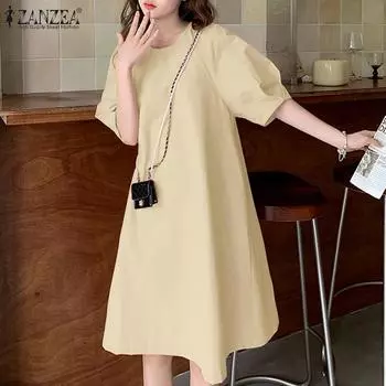 ZANZEA Женское повседневное платье с круглым вырезом и однотонным свободным коротким рукавом S розовый