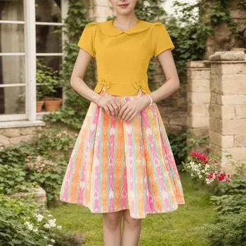 ZANZEA Женское повседневное платье с кукольным воротником, коротким рукавом, принтом и пэчворком S жёлтый