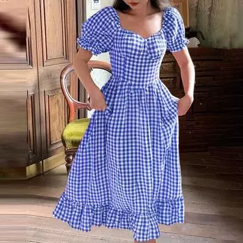 ZANZEA Женское повседневное платье с квадратным воротником и короткими рукавами в летний сетчатый узор S синий