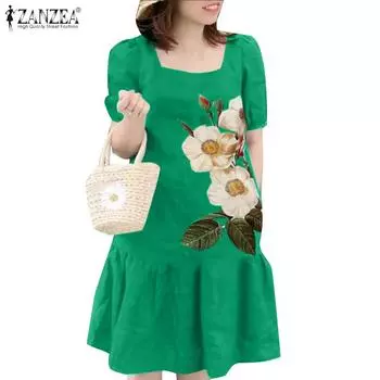 ZANZEA Женское повседневное платье с квадратным воротником и цветочным принтом с короткими рукавами 4XL белый