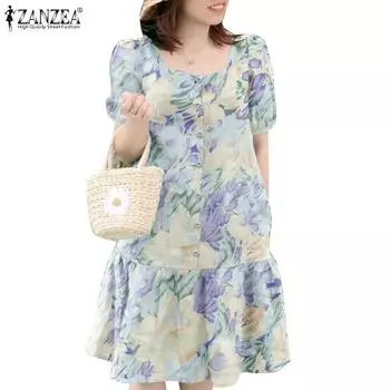 ZANZEA Женское повседневное платье с квадратным воротником и цветочным принтом с короткими рукавами 5XL синий