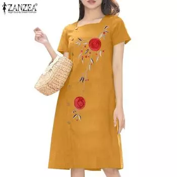 ZANZEA Женское повседневное платье с квадратным воротником и коротким рукавом с цветочной вышивкой M зелёный