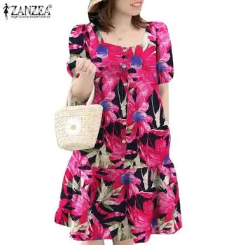 ZANZEA Женское повседневное платье с квадратным воротником и коротким рукавом с цветочным принтом 4XL чёрный