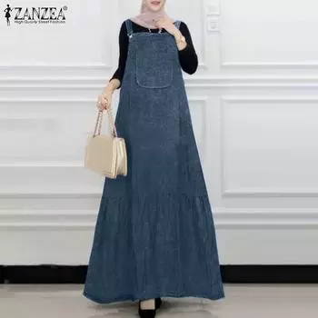 ZANZEA Женское повседневное платье с квадратным воротником без рукавов, свободное, длинное, на подтяжках S чёрный