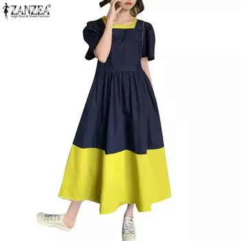 ZANZEA Женское повседневное платье с квадратным воротником и короткими рукавами в стиле пэчворк на лето S чёрный