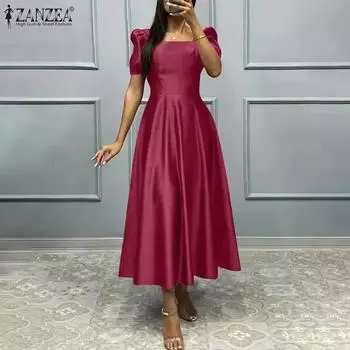 ZANZEA Женское повседневное платье с квадратным воротником и короткими рукавами, длинное летнее платье S вино красного