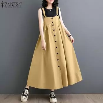 ZANZEA Женское повседневное платье с квадратным воротником, свободное, без рукавов, на бретелях, длинное 3XL хаки