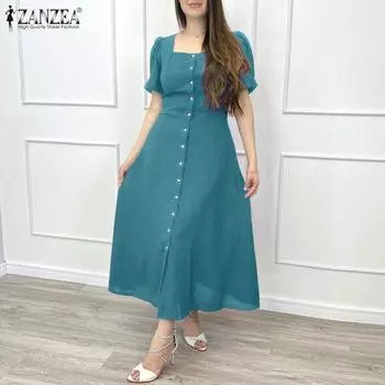 ZANZEA Женское повседневное платье с квадратным воротником и коротким рукавом S чёрный