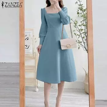 ZANZEA Женское повседневное платье с квадратным воротником и длинными рукавами S чёрный