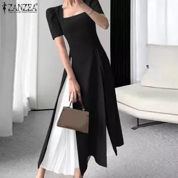 ZANZEA Женское повседневное платье с квадратным вырезом и коротким рукавом в стиле плиссе S чёрный
