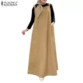 ZANZEA Женское повседневное платье с квадратным воротником и без рукавов на бретелях, длинное M чёрный