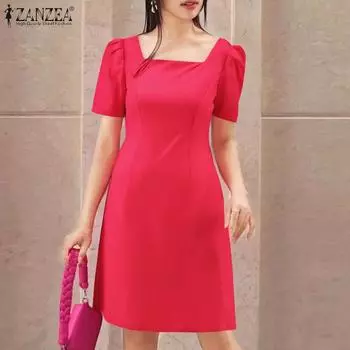 ZANZEA Женское повседневное платье с квадратным воротником и короткими рукавами Летнее короткое платье S зелёный