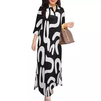 ZANZEA Женское повседневное платье с отложным воротником, свободным рукавом 3/4 и принтом S чёрный