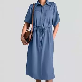 ZANZEA Женское повседневное платье с отложным воротником и коротким рукавом, на талии, свободное платье S синий