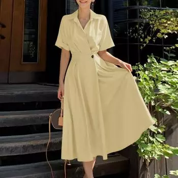 ZANZEA Женское повседневное платье с отложным воротником, свободное, летнее, с коротким рукавом S хаки