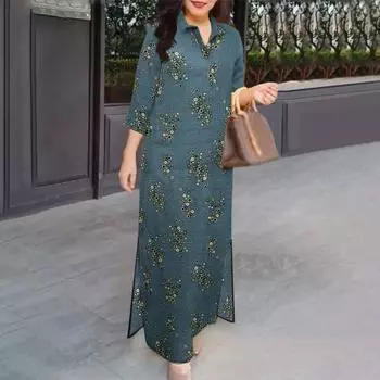 ZANZEA Женское повседневное платье с отложным воротником, свободного кроя, с рукавами 3/4 и цветочным принтом S синий