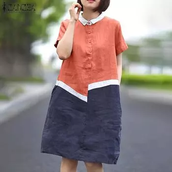 ZANZEA Женское повседневное платье с отложным воротником и короткими рукавами в стиле пэчворк 4XL зелёный