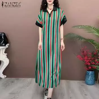ZANZEA Женское повседневное платье с отложным воротником и короткими рукавами в полоску, длинное платье S чёрный