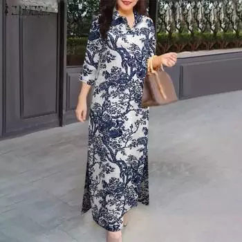 ZANZEA Женское повседневное платье с отложным воротником и рукавом 3/4 с принтом 3XL белый