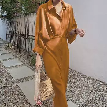 ZANZEA Женское повседневное платье с отложным воротником и длинными рукавами 4XL чёрный