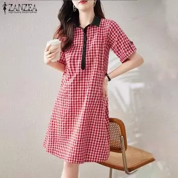 ZANZEA Женское повседневное платье с отложным воротником и клетчатым принтом с коротким рукавом S красный