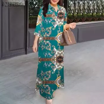 ZANZEA Женское повседневное платье с отложным воротником, свободным рукавом 3/4, длинное платье с принтом S чёрный