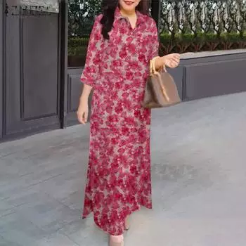 ZANZEA Женское повседневное платье с отложным воротником и рукавами 3/4 с цветочным принтом S синий