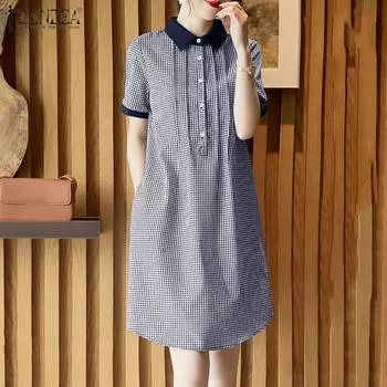 ZANZEA Женское повседневное платье с отложным воротником и короткими рукавами, летнее, с принтом в сетку 4XL темно-синий