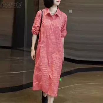 ZANZEA Женское повседневное платье с отложным воротником и длинными рукавами в сетку 2XL красный