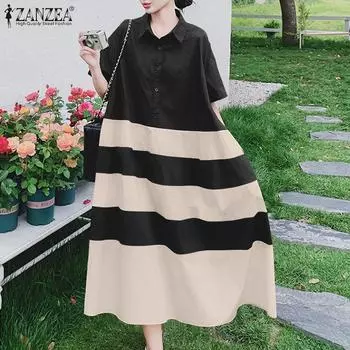ZANZEA Женское повседневное платье с отложным воротником и коротким рукавом в стиле пэчворк длинное 4XL