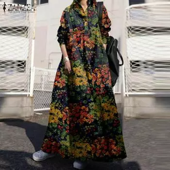ZANZEA Женское повседневное платье с отложным воротником и цветочным принтом, с длинными рукавами M