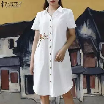 ZANZEA Женское повседневное платье с отложным воротником и коротким рукавом с цветочной вышивкой 4XL белый