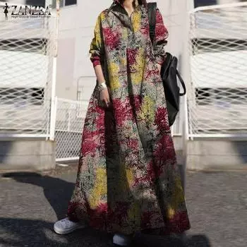 ZANZEA Женское повседневное платье с отложным воротником и принтом на осень с длинными рукавами 5XL темно-синий