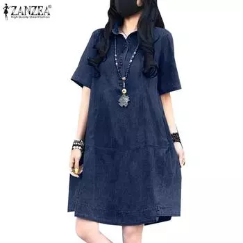 ZANZEA Женское повседневное платье с отложным воротником и коротким рукавом S темно-синий