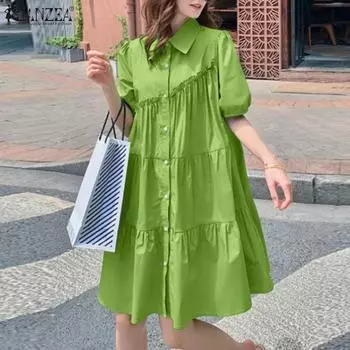 ZANZEA Женское повседневное платье с отложным воротником и коротким рукавом 4XL чёрный