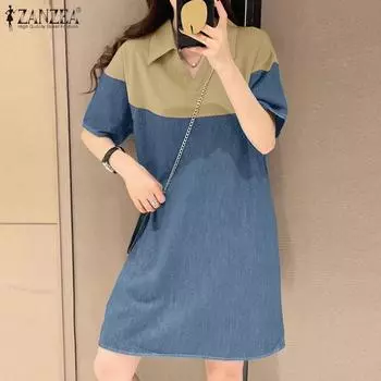 ZANZEA Женское повседневное платье с отложным воротником и коротким рукавом в стиле пэчворк 2XL синий