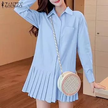 ZANZEA Женское повседневное платье с отложным воротником и длинными рукавами и плиссированным подолом S белый