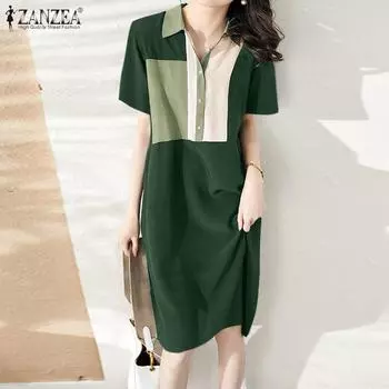 ZANZEA Женское повседневное платье с отложным воротником и короткими рукавами в стиле пэчворк S темно-зеленого