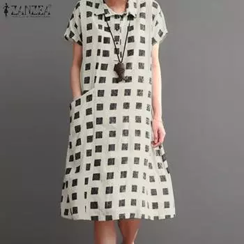 ZANZEA Женское повседневное платье с отложным воротником и коротким рукавом с принтом S синий