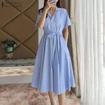 ZANZEA Женское повседневное платье с отложным воротником и полосатым принтом, свободное, с коротким рукавом S синий