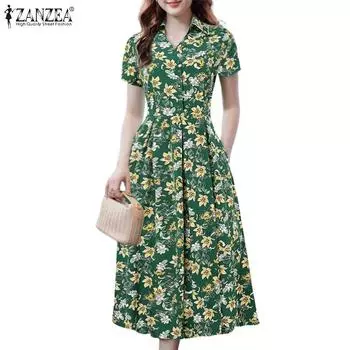 ZANZEA Женское повседневное платье с отложным воротником и короткими рукавами с цветочным принтом XL зелёный