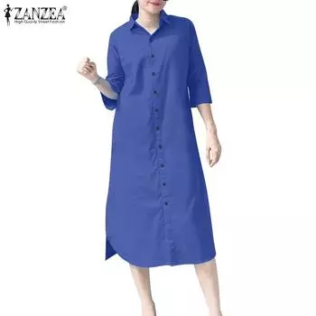ZANZEA Женское повседневное платье с отложным воротником и коротким рукавом L синий