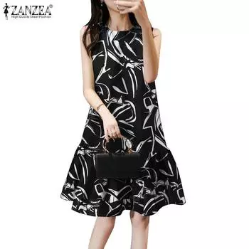 ZANZEA Женское повседневное платье с принтом и круглым вырезом без рукавов и оборками L чёрный