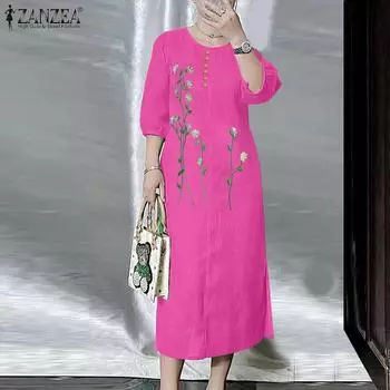 ZANZEA Женское повседневное платье с рукавами 3/4, свободное, с цветочной вышивкой, длинное 3XL зелёный