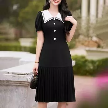 ZANZEA Женское повседневное платье с темно-синим воротником, свободное, с коротким рукавом и плиссировкой S чёрный