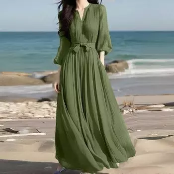 ZANZEA Женское повседневное платье с V-образным вырезом, рукавами 3/4, свободное, плиссированное, длинное S зелёный