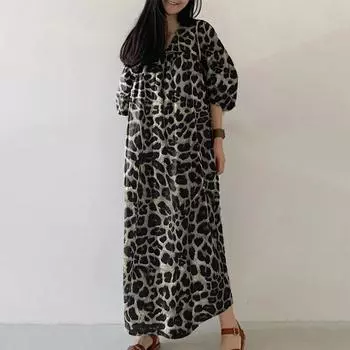 ZANZEA Женское повседневное платье с V-образным вырезом, рукавами 3/4 и леопардовым принтом, свободного кроя, длинное серый