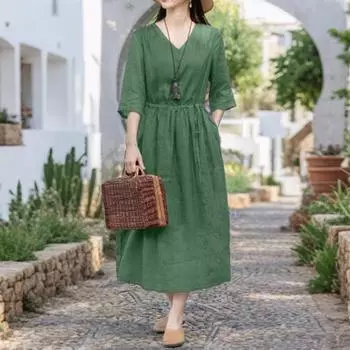 ZANZEA Женское повседневное платье с V-образным вырезом, однотонное, летнее, с рукавом 3/4 S зелёный