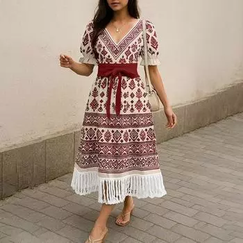 ZANZEA Женское повседневное платье с V-образным вырезом, короткими рукавами и бахромой по подолу, летнее с принтом S красный