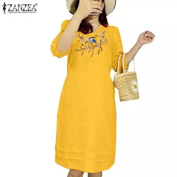 ZANZEA Женское повседневное платье с v-образным вырезом и коротким рукавом с цветочной вышивкой M жёлтый